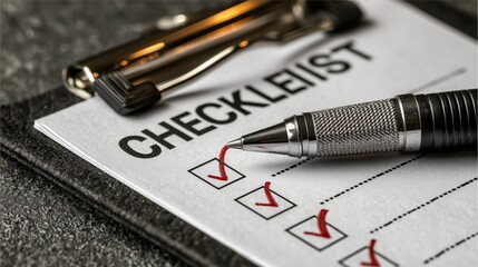 v completing checklist with red checkmarks using a pen, on a clipboard resting on a dark desk