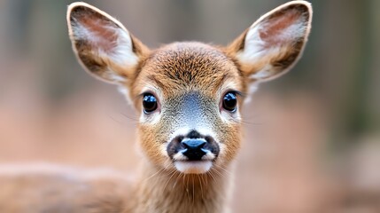 Fototapeta premium Close up portrait of baby deer fawn with big blue eyes and wet black nose against blurred natural background, showing innocent expression and soft brown fur.