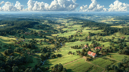 A scenic aerial view of a sprawling rural landscape featuring green rolling hills, scattered trees, winding paths, and distant farms under a partly cloudy sky