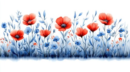 Watercolor Floral Border with Red Poppies and Blue Flowers