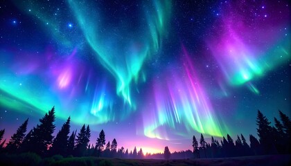 Dreamy starlit nebula sky in purple and turquoise with glowing auroras, cosmic fantasy.