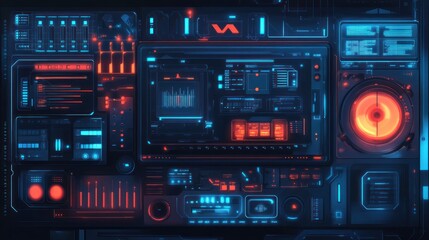 Obraz premium Futuristic control panel with vibrant glowing displays. Complex interface with multiple controls and indicators