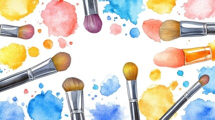 Watercolor Painting Brushes and Colorful Splatters