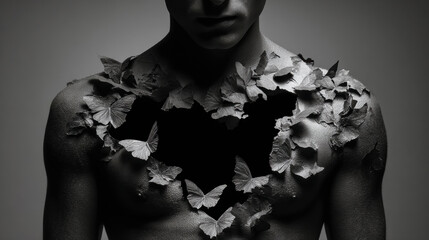 A monochromatic conceptual image of a human figure with a dark, hollow space in the chest as butterflies emerge from within, symbolizing the release of pain and the beginning of emotional healing.