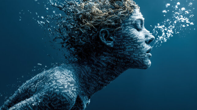 A surreal digital artwork of a human figure underwater, composed entirely of tangled words and fragmented text, symbolizing the emotional weight of mental overload and inner turmoil