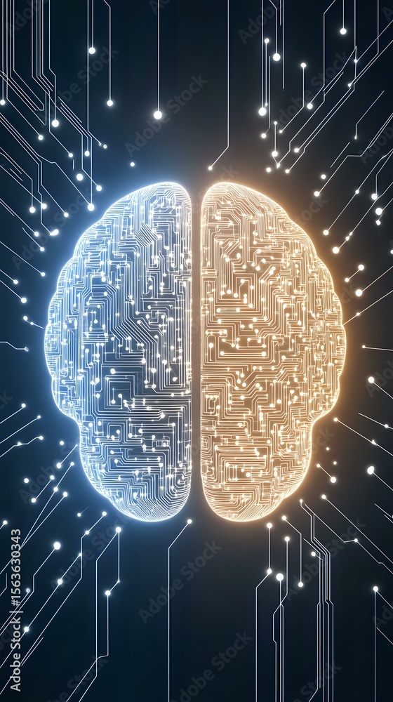 Poster digital brain with glowing circuit pattern split into cool blue and warm orange hemispheres against 