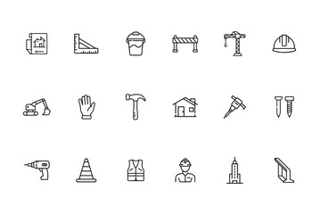 Line construction icons set featuring blueprint ruler bucket barrier crane hard hat excavator glove