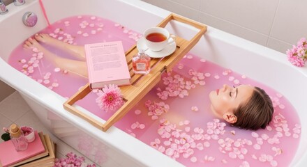 Relaxing Bath Experience with Pink Petals and Tea