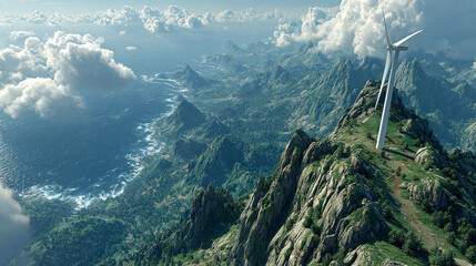 A breathtaking view of a wind turbine standing tall on a rugged mountain ridge, overlooking an endless coastal landscape and deep blue ocean under scattered clouds