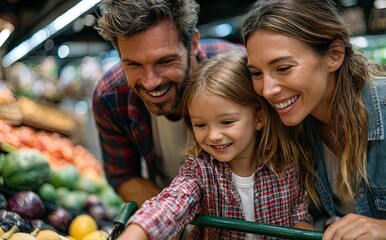 A family of three shopping for fruits in the supermarket, with one child holding an orange and reaching out to touch it while her mother holds two apples next to them