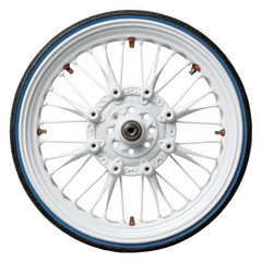 Obraz premium Ornate white spoked bicycle wheel with blue tire isolated on transparent background