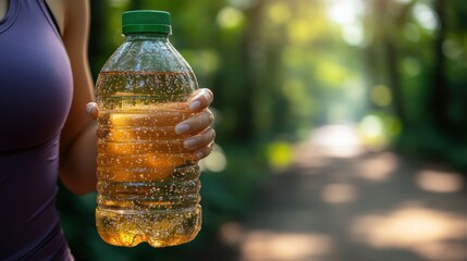 Woman Holds Refreshing Drink on Trail