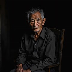 Obraz premium Elderly Muslim Indonesian Man in Traditional Islamic Clothing Sitting Peacefully