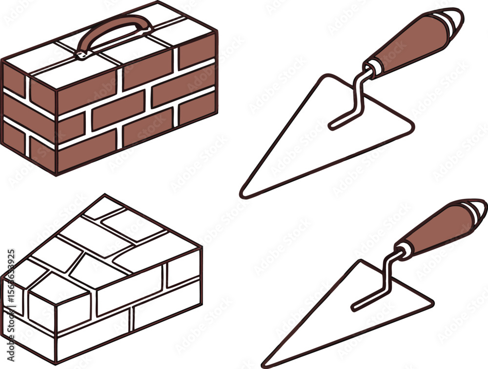 Fototapete isometric view construction tools and building blocks illustrating bricklaying and construction work
