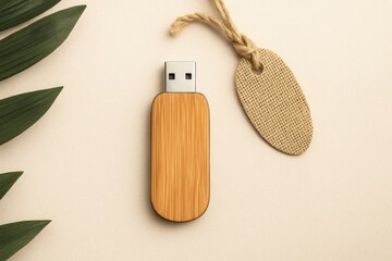 Wooden USB drive sits on a table next to a tag that says "Made in the USA."