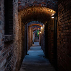 Fototapeta premium Narrow Alley with Overhead Brick Arches: Moody Lighting and Shadows