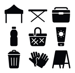 Festival Supply Icons. Solid, filled icons set of outdoor festival supplies: canopy tent, folding table,