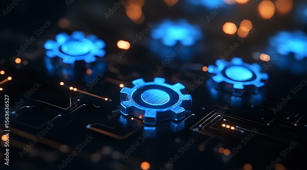 Poster glowing blue gears on dark circuit board background with bokeh lights create futuristic technologica