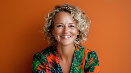 Cheerful middle-aged Caucasian woman with short curly blonde hair wearing tropical print blouse smiling against orange background. Professional headshot for business or lifestyle content.