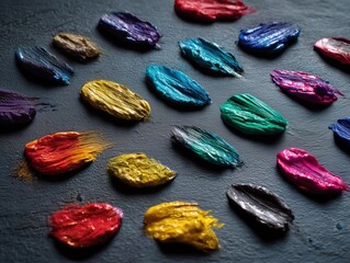 Collection of colorful paint brushes are laid out on a black surface