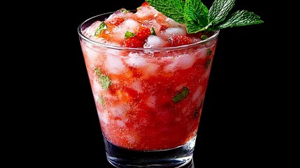 Refreshing red cocktail with crushed ice and fresh mint garnish in rocks glass against dark background, vibrant drink photography for beverage menu and bar promotion.