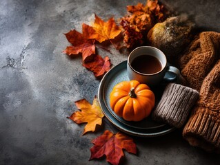 Pumpkin and a cup of coffee are on a plate with autumn leaves