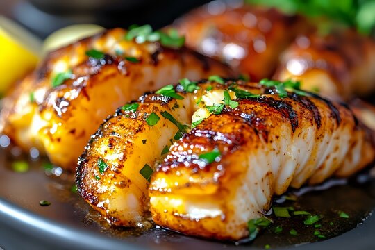 Grilled salmon fillets glazed with honey soy sauce, garnished with fresh herbs and green onions, served on dark plate with caramelized surface and juicy texture.