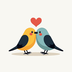 Fototapeta premium Two Cute Cartoon Birds in Love with a Heart Above Them Vector Illustration