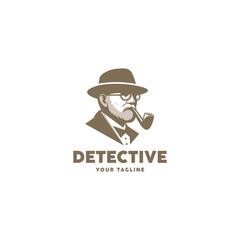 A vintage detective logo featuring a classic man with a hat, glasses, and pipe. Simple, retro style illustration suitable for branding, mascots, icons, and mystery themes.