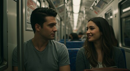 Young couple sharing a tender moment on a public transit vehicle, their eyes locked in quiet intimacy amidst the blurred background.