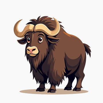 Cartoon Illustration of a Brown Yak with Large Horns Standing on a White Background