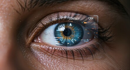 Close-up of human eye with smart contact lens displaying augmented reality CRM interface, showcasing futuristic wearable technology for real-time customer data interaction and business analytics.