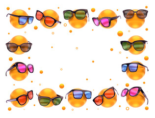 The bright summertime frame with stylish sunglasses on the yellow dummy balls. The collage on white background. 3d render.