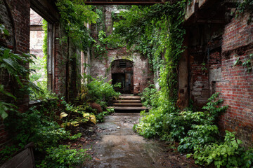 Overgrown and Decaying Brick Warehouse Building