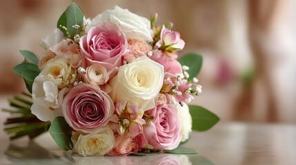 Obraz premium Beautiful bouquet of assorted roses and flowers arranged elegantly on a table for a special occasion