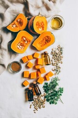 Table with a variety of food items including pumpkin, squash, and seeds