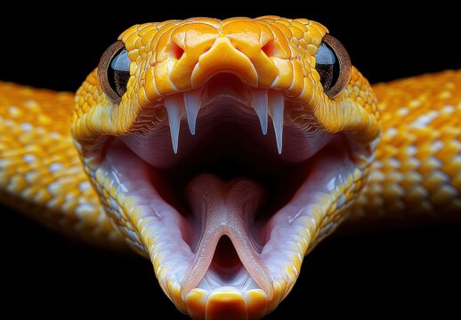 Close up portrait of a snake. Yellow python withared teeth, showcasing its mouth detailed wide scales open
