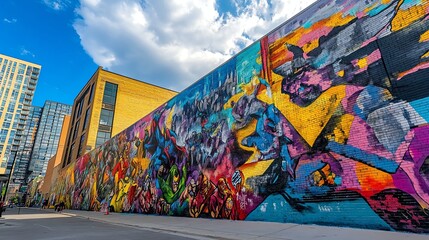 A worm's-eye view captures vibrant murals of superheroes, showcasing bright colors and artistic movements in an urban setting.