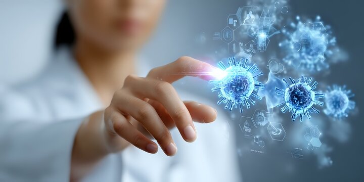 Asian female medical professional interacting with glowing blue virus cell models in futuristic digital healthcare visualization, demonstrating advanced research technology.