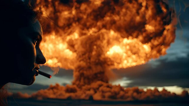 A woman in contemplation, cigarette in hand before a mushroom cloud background, symbolizing the destructive force of nuclear weapons and advocating for peace in a subtle and thought-provoking manner