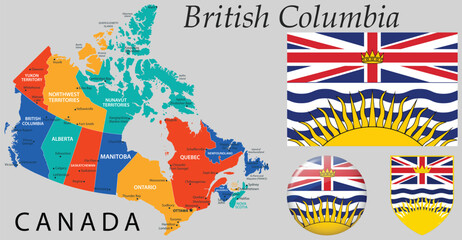 Vector of British Columbia coat of arms, flag, and map. Great for use in Canadian design, government, education, and regional identity projects.