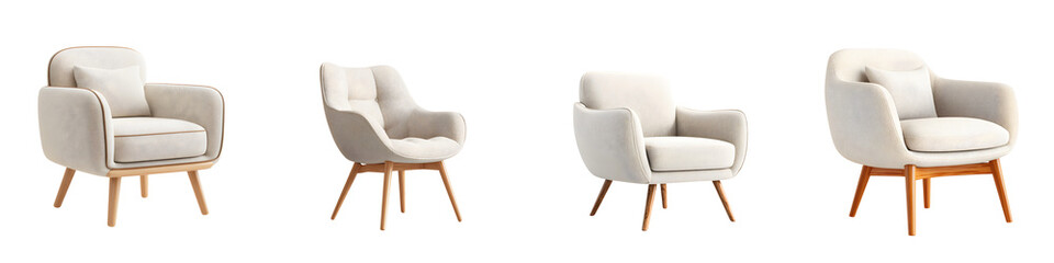 Modern Armchairs: Elegant Fabric Chairs on Wooden Legs, Isolated