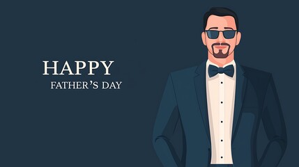 A stylish man in a tuxedo and sunglasses stands next to the text "Happy Father's Day" on a dark blue background.