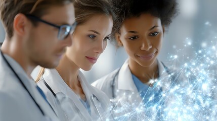 Diverse medical team analyzing digital health data visualization with glowing blue network effect. Modern healthcare professionals examining virtual display.
