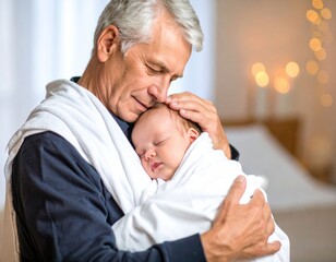 A tender moment showing an elderly man holding and lovingly embracing a sleeping baby wrapped in a white blanket.