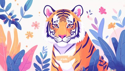 A colorful digital illustration of a tiger surrounded by vibrant, stylized flowers and leaves in soft pastel colors.