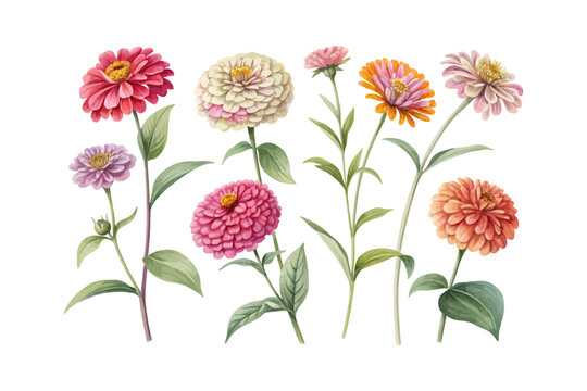 set of watercolor Zinnia Branch vector illustration isolated on white background