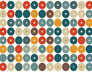 A colorful retro pattern of evenly spaced circles with holes in the center, featuring a vintage palette of orange, teal, beige, and brown hues on a textured background.