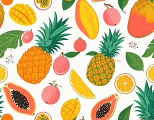 Colorful seamless pattern featuring pineapples, mangoes, papayas, lychees, citrus slices, and green leaves on a white background.