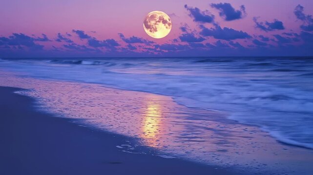 Beach scene with full moon reflecting in water at twilight/night